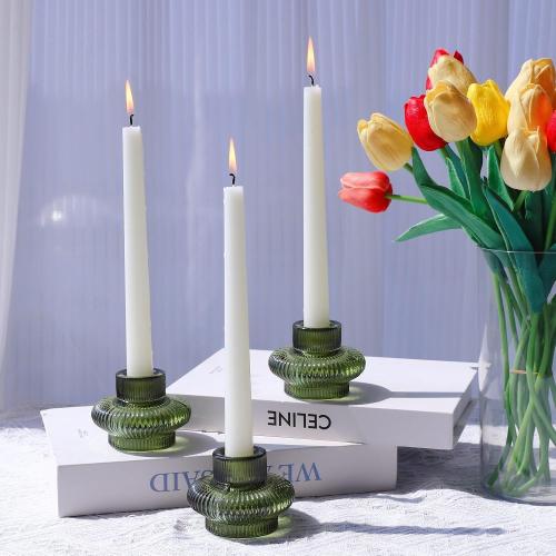 VOHO Green Candle Holder Decor for Dining Table Centerpiece, Ribbed Taper Candle Holders Versatile for Candle Sticks and Tea Lights Candles, Holiday Candlestick Holders Gifts for Friends(Set of 4)