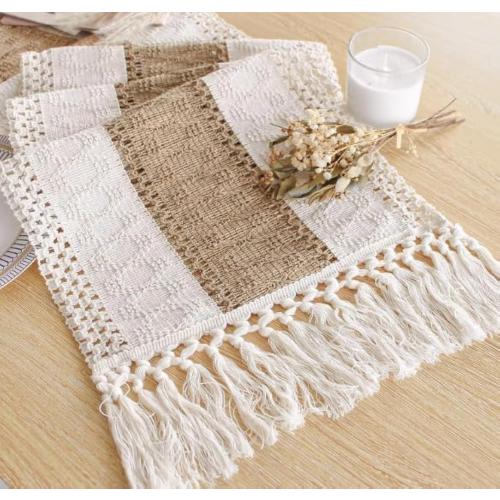 FEXIA Boho Table Runner for Christmas Thanksgiving Home Decor with Tassels 90 Inch Cream & Brown Macrame Runner for Dining & Bedroom Baby Bridal Shower Decor(12x90 Inches)