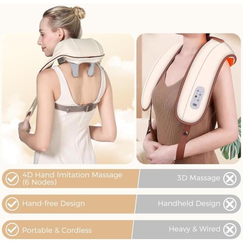 KppeX 4D Deep Cordless Tissue Kneading Neck Massage with Heating Function, Shiatsu and Shoulder Massage Pillow,Back and Leg Pain Relief, Gifts for Men or Women-Onion White