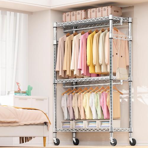 Size 17.7 D x 47.2 W x 83.6 H Heavy Duty Rolling Garment Rack 3 Tiers Adjustable Wire Shelving Clothes Rack with 2 Rods and Side Hooks, Storage Closet Clothing Rack with Wheels Chrome 17.7 D x 47.2 W x 83.6 H