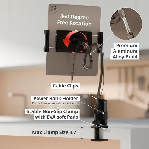 X-Protector Tablet Stand for 4.7 - 11 Devices - Holder for Bed with Cable Clips & Power Bank Holder - Mount Compatible with iPad Air/Pro/Mini, Amazon Kindle/Fire HD, iPhone