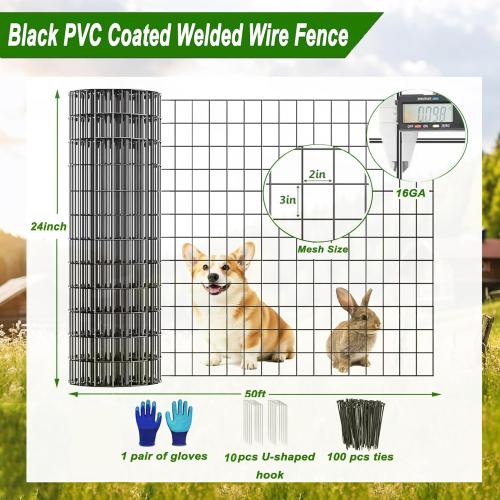 Welded Wire Fence 24inch x 50ft, Black PVC Coated Garden Fencing, 2 inch x 3inch 16Gauge Chicken Wire Fence Roll, Anti-Rust Metal Fencing for Yard Plant Protection Poultry Netting