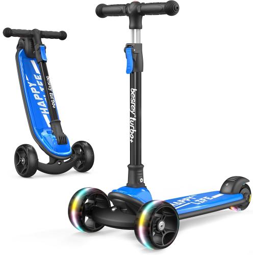 Blue and Black Besrey Kick Scooter for Kids Ages 3-10, 3-Wheel Folding Scooter with Adjustable Height, LED Light Wheels, Extra Wide Deck for Outdoor Activities