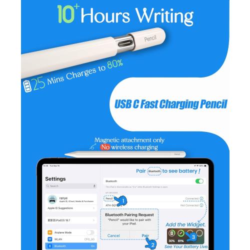 Pencil USB-C for iPad(2018-2025): Slide-Switch, Hidden-Port Stylus with Tilt Sensitivity & Palm Rejection. Compatible with iPad(6-11th), Mini(5-7th), Pro 11/12.9/13(M4/M5), Air(3-5th/M2/M3)