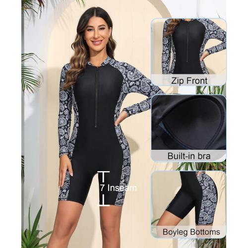 Size M.....Halcurt Women's Boyleg One Piece Rash Guard with Built in Bra Zip Front UPF50  Long Sleeve Full Body Surfing Swimsuit