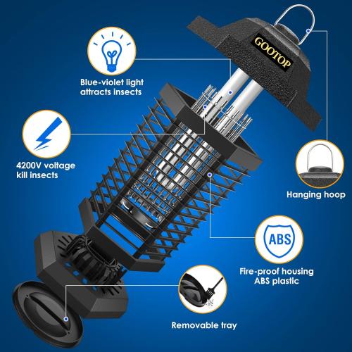 Black Zap T6 Pro GOOTOP Bug Zapper Outdoor, Mosquito Zapper, 3 Prong Plug in Electric Fly Zapper, Mosquito Killer, Fly Traps, Flying Insects Zapper Indoor Outdoor 90-130V, 4200V, ABS Plastic Outer (Black)