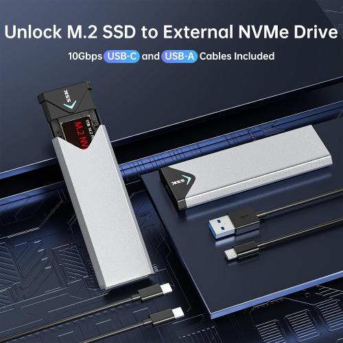 SSK M.2 NVME SATA SSD Enclosure Adapter, USB 3.2 Gen 2 (10 Gbps) to NVME PCI-E SATA M-Key/(B M) Key Solid State Drive External Enclosure Aluminum Support UASP Trim for SSDs 2242/2260/2280