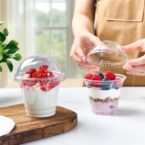 JOLLY CHEF 200 Sets 9 oz Clear Plastic Cups with Dome Lids, and Paper Lid Liners, Plastic Dessert Cups with lids for Parfait, Ice Cream, Snacks, Fruit, Pudding
