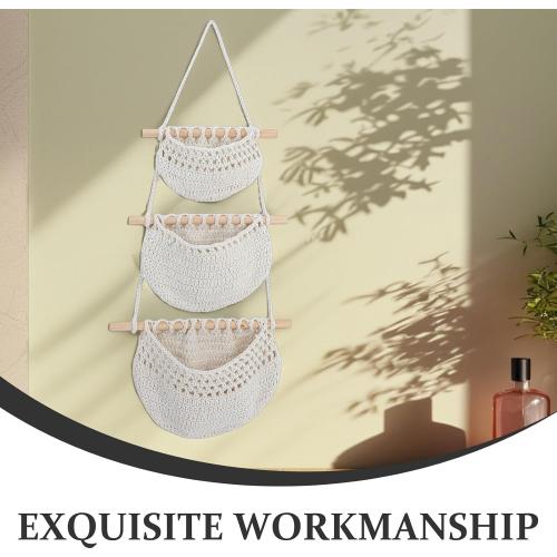 Convenient Fruit Basket Hanging Storage Basket Made of Cotton Rope and Wood with Practical Design and Fresh-keeping Feature for Living Room and Dining Room