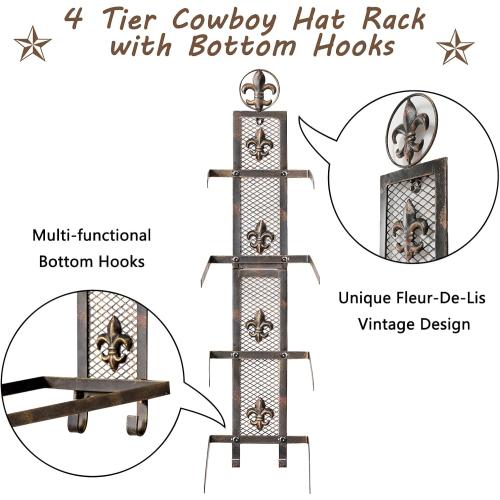 Size 13.8x32.6 Color brown Cowboy Hat Rack for Wall, Metal Fleur-De-Lis Cowboy Hat Holder for 4 Hats, Vertical Western Hat Rack Wall Mount, Rustic Fold-Up Wall Hanging Decorative Hat Racks, 13.8”W x 32.6”H