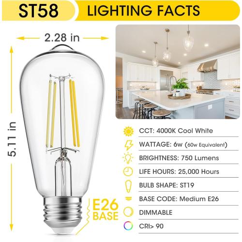 LED Edison Light Bulbs, 12Pcs Vintage 6 Watt, Equivalent 60W Incandescent Light Bulbs, E26 Medium Base Dimmable Decorative Antique Filament Light Bulbs with 90  CRI, Cool White 4000K