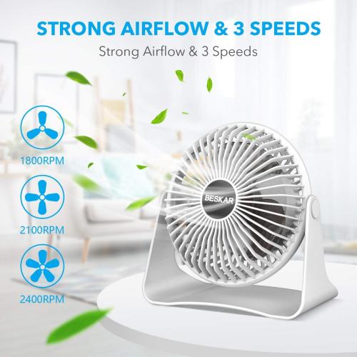 BESKAR USB Small Desk Fan, Portable Fans with 3 Speeds Strong Airflow, Quiet Operation and 360°Rotate, Personal Table Fan for Home,Office, Bedroom- 3.9 ft Cord/White