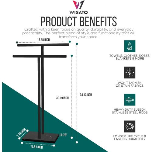 Free Standing Towel Rack for Bathroom - Matte Black Finish - Stand Alone 2 Tier Stainless Steel Towel Rack for Bathroom Floor with Heavy Marble Base - Double T Shape Drying Stand for Towels