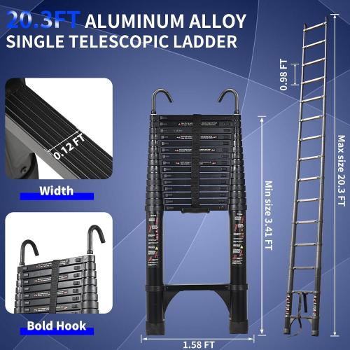JADDUO 20.3 FT Telescopic Ladder, Aluminium Black Telescoping Ladder with Non-Slip Feet and Stable Hook, Portable Extension Ladder for Household and Outdoor Working, Heavy Duty 330 lbs Max Capacity