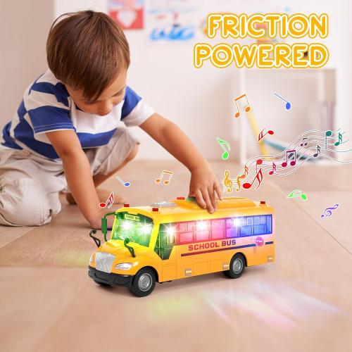 Yellow School Bus Toys for Toddlers 1-3 with 4 Different Flashing Lights & Sound, Back and Side Doors Open Friction-Powered Wheels Light Up Toy Buses Birthday Gift 2 3 4 Year Old and Up Girl Boy Toys