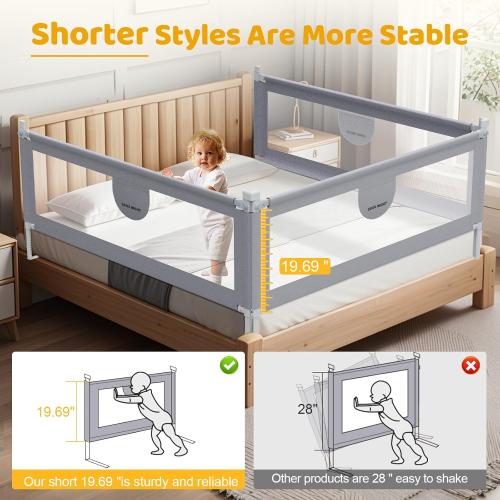 omzer Bed Rail for Toddlers - 3 Sides Safety Baby Bed Rail Guard with Child Lock, Infants Height Adjustment Queen Size Bed Rail for Toddlers,78.74X78.74X59