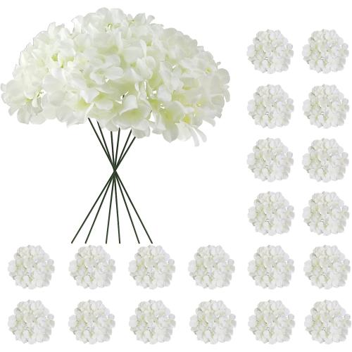 20 Pcs White Hydrangea Artificial Flowers Bulk, Faux Hydrangea Flowers Heads, Artificial Fake Silk Hydrangea Flowers with Stems, White Flowers Artificial for Decoration Wedding Décor