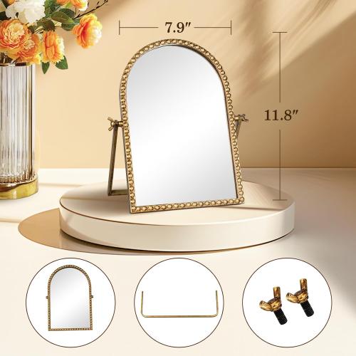 Vintage Desk Makeup Mirror, 11.8 L x 7.9 W Antique Gold Vanity Table Mirror, Metal Framed Arched Small Standing Mirrors with Beaded, 360 Adjustable Rotation for Tabletop, Bedroom