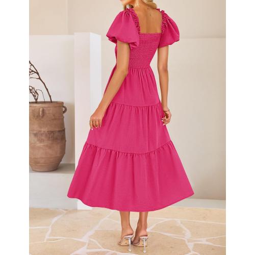Size XL ... Womens Summer 2025 Boho Vacation Dress Short Puff Sleeve Flowy Smocked Cutout A Line Beach Party Dresses