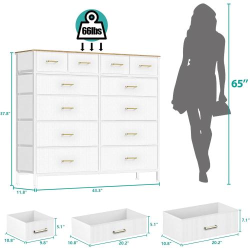 VASICAR White Dresser for Bedroom with 12 Deep Drawers, Wide Chest of Drawers, 55 TV Stand with Retro Wood Top, Tall Fabric Dresser for Closet, Nursery