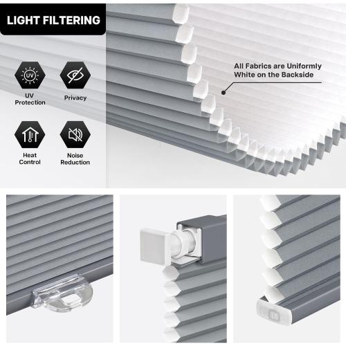 LazBlinds Cordless Cellular Shades, No Tools No Drill Light Filtering Honeycomb Shades Pleated Blinds for Windows, 32'' W x 64'' H, Dark Grey