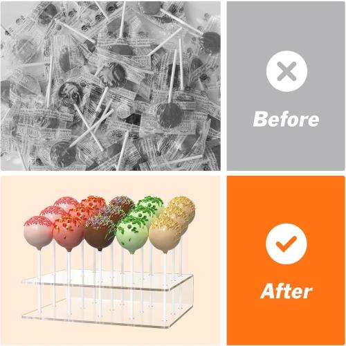 2 Pack Cake Pop Stand with Sticks Kit, Acrylic Lollipop Hold Stand, Clear Cake Pop Display Holder, 15 Holes Candy Pop Holder with 100 Pcs Sticks, 100 Pcs Clear Wrappers, 100 Pcs Gold Twist Ties