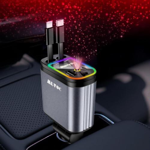 MLVOC 66W Retractable Car Charger with Starlight Projection, 4-in-1 Fast Charging Car Adapter with USB-C & Lightning Cables, Dual Ports, Adjustable Plug for iPhone, Android, Road Trips(Black)