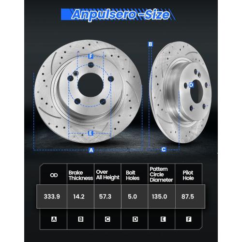 Anpulsero Rear Automotive Replacement Brake Kit, Drilled Slotted Brake Rotors Brake Pads Compatible with 1999-2003 Ford F150, 1997-2002 Expedition|Noise Free Brake Pads Rotors Kit |333.9mm(13.1in)