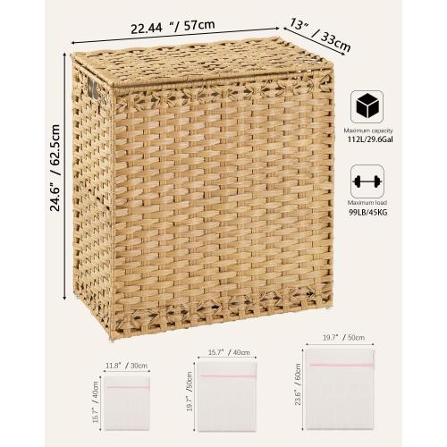 SETVSON Laundry Hamper with Lid Wicker Laundry Basket 112 L (29.6 Gal) Laundry Hampers Handwoven Rattan Clothes Hamper with Handles 3 Removable Liner Bag, 6 Mesh Bags for Bathroom Bedroom Natural