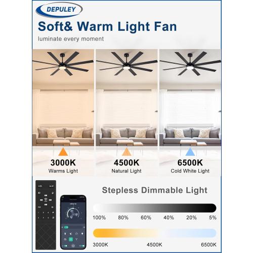 Depuley 72 Ceiling Fans with Lights: Black Indoor/Outdoor Ceiling Fan for Patios Living Room - 8 Blades Dimmable Large Ceiling Fans with Remote APP Control Timer Reversible Quiet DC Motor 6 Speeds