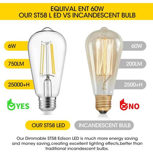 LED Edison Light Bulbs, 12Pcs Vintage 6 Watt, Equivalent 60W Incandescent Light Bulbs, E26 Medium Base Dimmable Decorative Antique Filament Light Bulbs with 90  CRI, Cool White 4000K