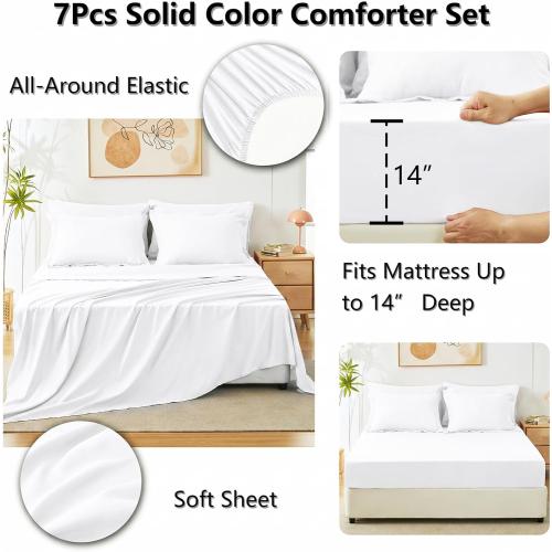 CozyLux Queen Comforter Set White, 7 Pieces Bed in a Bag Queen Comforter Set with Sheets, Luxury Soft Bedding Sets with Down Alternative Comforter, Fitted Sheet, Flat Sheet, Pillowcases & Shams