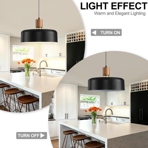Eustace Large Black Pendant Light, 15.8 Oversized Ceiling Lamp with Oak Wood & Brass