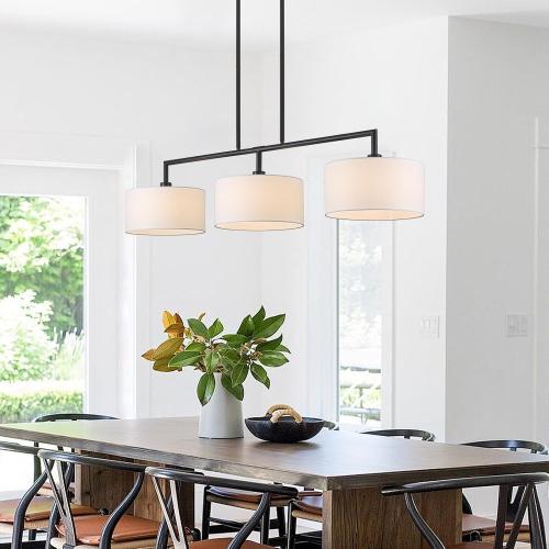 47 W Modern Linear Kitchen Island Pendant Light Fixture 3-Light White Linen Drum Shade Chandelier Black Metal Linear Chandeliers for Dining Room Farmhouse Hanging Light for Living Room, Bar, E26