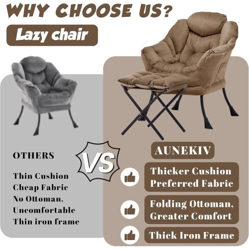 Lazy Chair with Ottoman, Comfy Reading Chair, Brown | Cushioned Seat with Foldable Ottoman and Side Pocket, Lounge Chair for Bedroom, Living Room, Dorm and Small Spaces