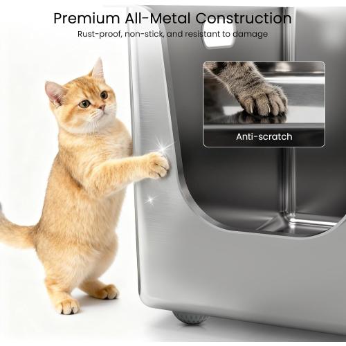 Stainless Steel Cat Litter Box with Wheels, 11.8 High Side Metal Pan