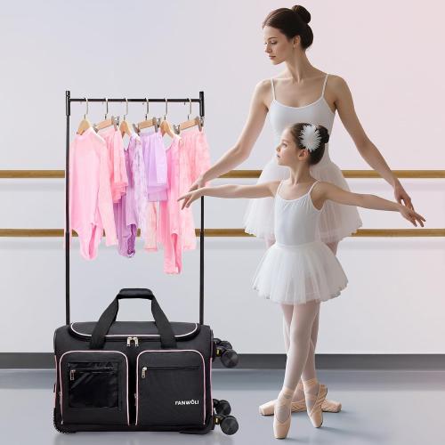 Fanwoli 23 Dance Bag with Garment Rack 4 Wheels | Detachable 360° Wheels | Ultra-Light Collection | Ideal Competition Duffle Bag for Dream, Black with Pink Trim