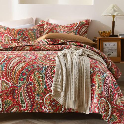 ENASAL Cotton Bedspread Quilt Sets, Reversible Bedding Coverlet Sets Comforter, Floral Paisley Bedspread (Red, King Size)