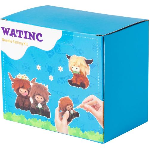 WATINC Needle Felting Kit - 3 Set Unique Different Cute Doll Wool Felt Needle Tools Foam Pad Instruction, DIY Home Decoration Craft Party Supplies for Art Work Starter Beginners (Highland Cow)