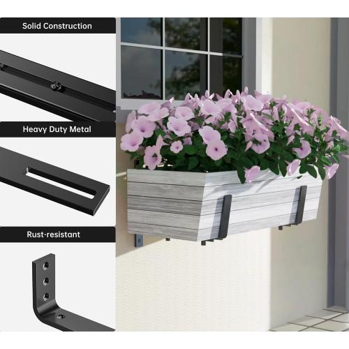 Y&M 6 PCS Adjustable Window Box Brackets for Planter Box, Heavy Duty Wall Mounted Hooks Hangers for Flower Baskets Holder Durable Brackets for Fence Patio Garden Balcony
