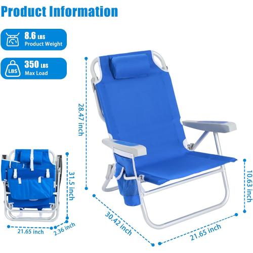 SUNNYFEEL Low Beach Chair, 5-Position Lay Flat Reclining Backpack Chair with Cooler Bag & Cup Holder, Portable Folding Beach Chair for Adults, Heavy Duty 350 LBS, Blue