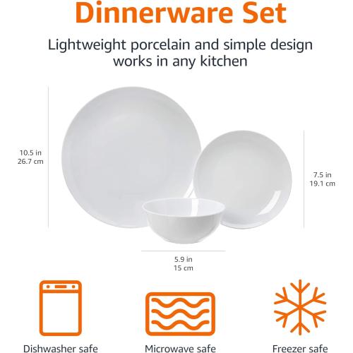 Amazon Basics 18-Piece Complete Kitchen Dinnerware Set, Microwave and Dishwasher Safe, Plates, Dishes, Bowls for Everyday Use, Service for 6, White Porcelain Coupe