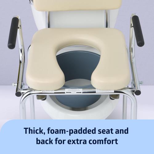 Medline Drop Arm Commode with Padded Seat and Backrest, Durable Toilet Chair for Adults and Seniors, Removable Pail, Splash Guard, Drop Down Arms for Easy Transfer, 350 lb. Weight Capacity, Tan ( used see the pictures )