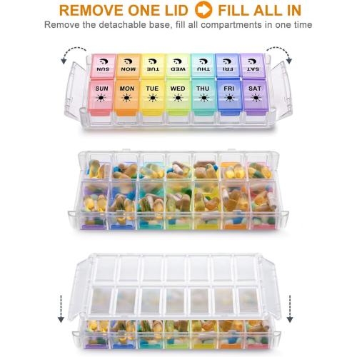 Pill Organizer 2 Times a Day, Fullicon Quick Fill Large Weekly AM PM Pill Box, Medicine Organizer 7 Day, Daily Pill Cases - Rainbow (Patent Registered)