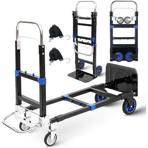 Upgraded 3 in 1 Folding Hand Truck, 600lbs Capacity, Heavy Duty Convertible Dolly with Retractable Handle and 4 Rubber Wheels, Collapsible Cart for Moving Home, Office, Warehouse (Blue)