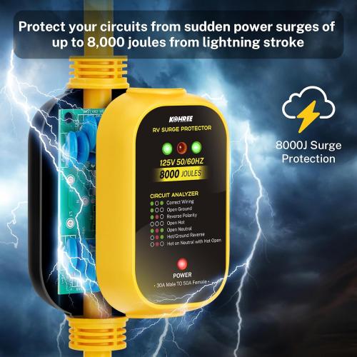 Kohree 30 Amp to 50 Amp RV Adapter with Surge Protection, 8000 Joules RV Surge Protector 30/50 Amp, Circuit Analyzer for Camper Trailer, NEMA TT-30P to NEMA 14-50R