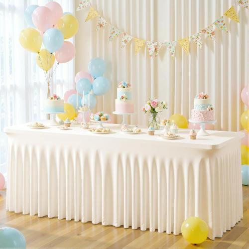 gogoparti 1 Pack Spandex Ivory Fitted Table Cloth for 6ft Rectangle Tables Ivory Stretch Tablecloth Banquet Table Covers Skirt Wrinkle Free Tablecloths for Parties Wedding