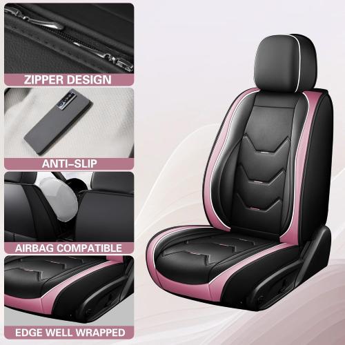 otoez Car Seat Covers Full Set, 5 Seat Pink Leather Seat Cover for Car, Waterproof Automotive Front and Back Seat Protectors for Most Sedens Trucks SUVs, Black & tan with pillows