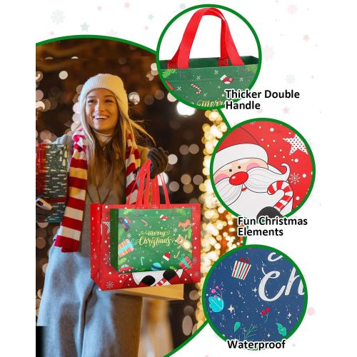 Christmas Gift Bags Assorted Sizes, Extra Large/Medium/Small 12PC Christmas Tote Bags with Handles, Heavy Duty Non-Woven Christmas Shopping Bags, Party Favor Bags, Large Holiday Bags for Presents Bulk