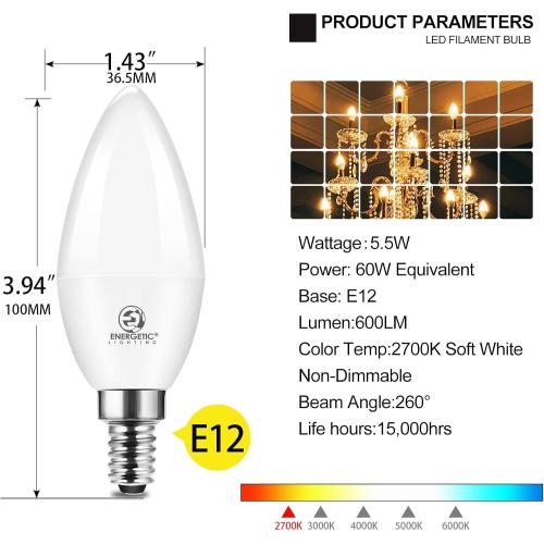 Energetic E12 LED Candelabra Light Bulbs 5.5W (60 Watt Equivalent), 2700K Soft White, 600LM Chandelier Light Bulbs, B11 Candle Bulbs for Ceiling Fan, CA 80 Recessed Can Light, Non-Dimmable, Pack of 6